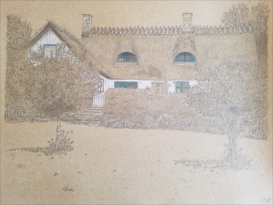 Handdrawn Portrait of country side house at Strandholm