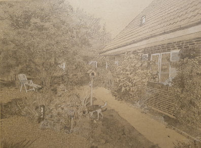 Drawing of cozy house and garden with a dog