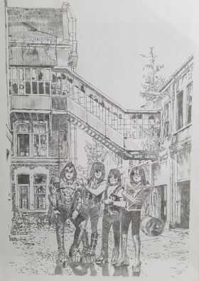 Drawing of iconic band Kiss, in an alley.