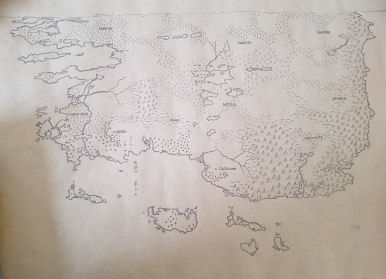 Handdrawn overview map of Catalpa, upper eastern continent of Ardensis