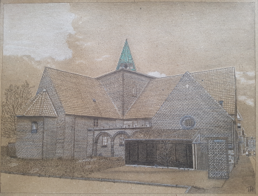 A drawing of a local church. Named Ansgar Church